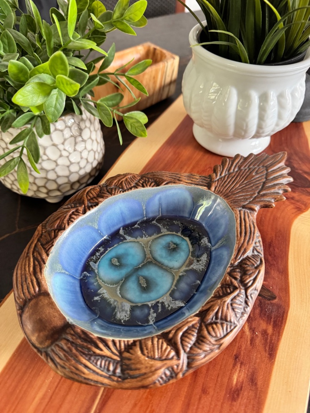 Vintage Treasure Craft Hawaiian Pineapple Bowl Maui Pottery Blue Drip Glaze Tiki